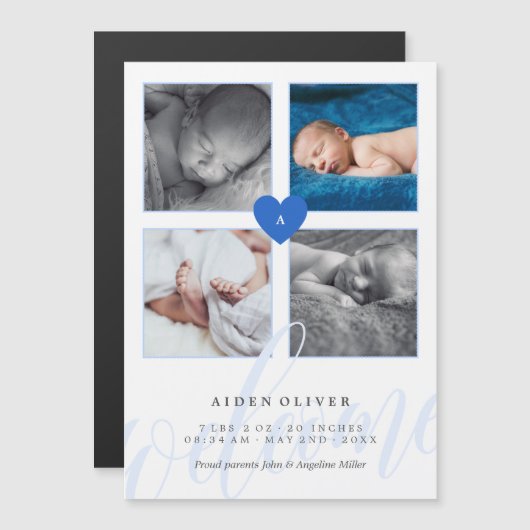 Blauwe monogram Foto Collage Baby kondiging Magnetische Uitnodiging (Voorkant / Achterkant)