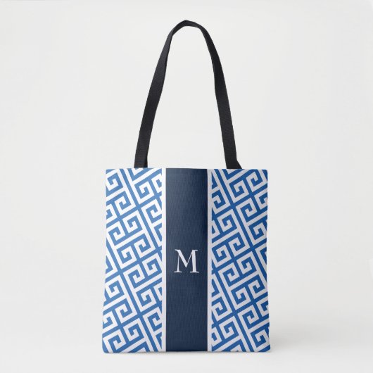Blauwe monogram Griekse sleutel  Tote Bag (Voorkant)