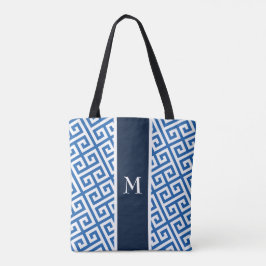 Blauwe monogram Griekse sleutel Tote Bag