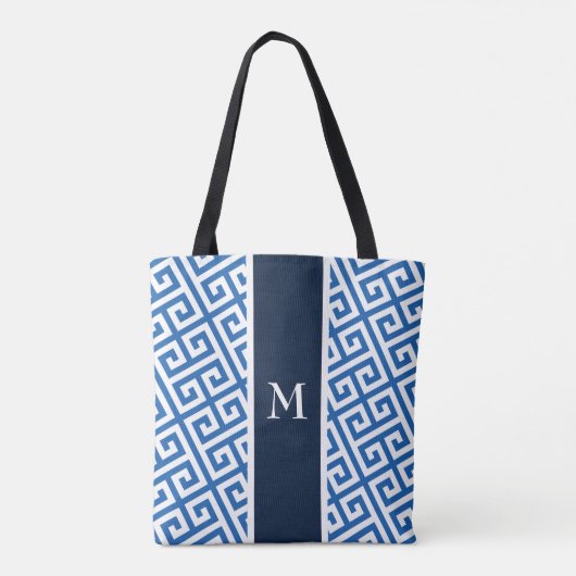 Blauwe monogram Griekse sleutel  Tote Bag (Achterkant)