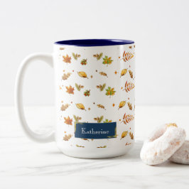 Blauwe monogram Herfst Leaf Thanksgiving Tweekleurige Koffiemok