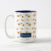 Blauwe monogram Herfst Leaf Thanksgiving Tweekleurige Koffiemok (Links)