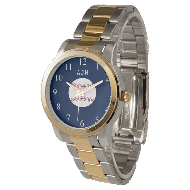 Blauwe Monogram Honkbal Horloge Cadeau (Gekanteld)