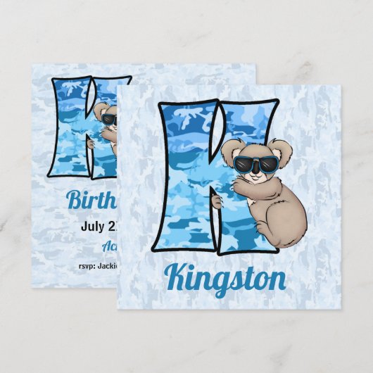 Blauwe monogram K Kind Birthday Party Kaart (Voorkant / Achterkant)