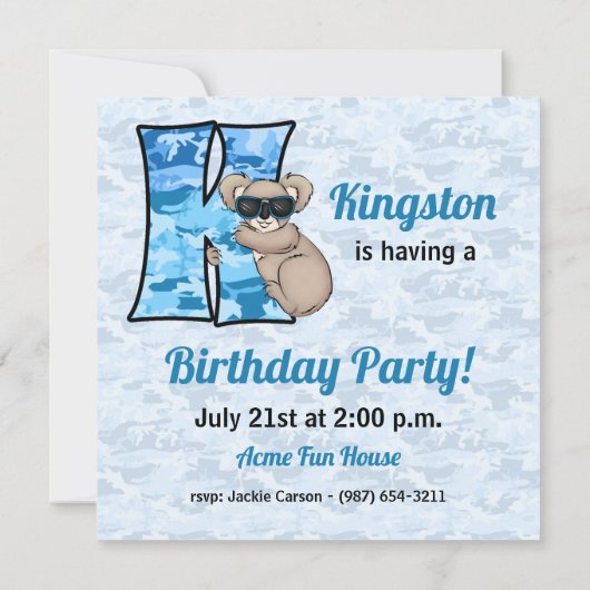 Blauwe monogram K Kind Birthday Party Kaart (Achterkant)