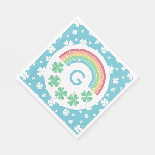 Blauwe Monogram Klaver & Regenboog Jongen Lucky On Servet (Hoek)