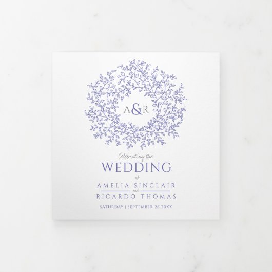 blauwe monogram kunst liefde bruiloft drieluik programma (Cover)