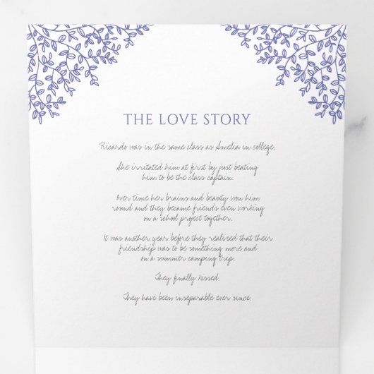 blauwe monogram kunst liefde bruiloft drieluik programma (Binnenzijde eerst)