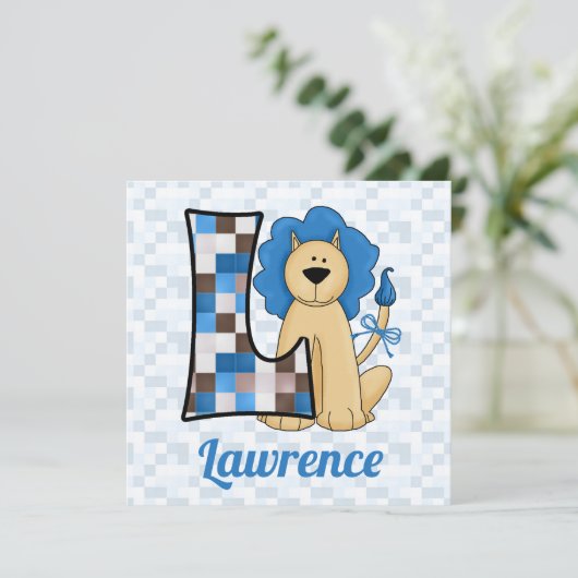 Blauwe Monogram L Birthday Party van het Kind Kaart (Staand voorkant)