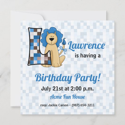 Blauwe Monogram L Birthday Party van het Kind Kaart (Achterkant)