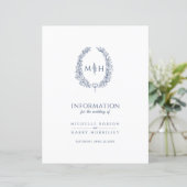 Blauwe monogram met informatie over bruiloft (Staand voorkant)