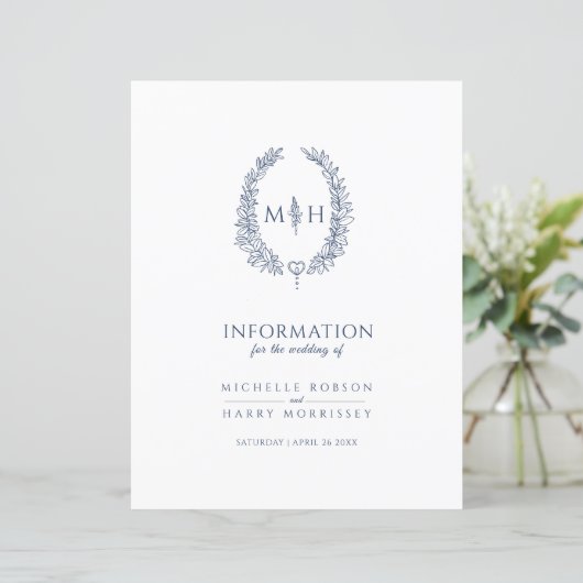 Blauwe monogram met informatie over bruiloft (Staand voorkant)