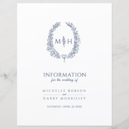 Blauwe monogram met informatie over bruiloft