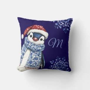 Blauwe Monogram Pinguïn Kerstmis Kussen