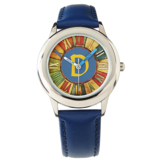 BLAUWE MONOGRAM VOOR KLEURENTIJD HORLOGE (Voorkant)