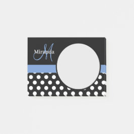 Blauwe monogram zwarte witte poladot post-it® notes