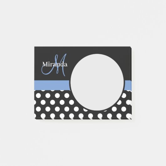 Blauwe monogram zwarte witte poladot post-it® notes (Voorkant)