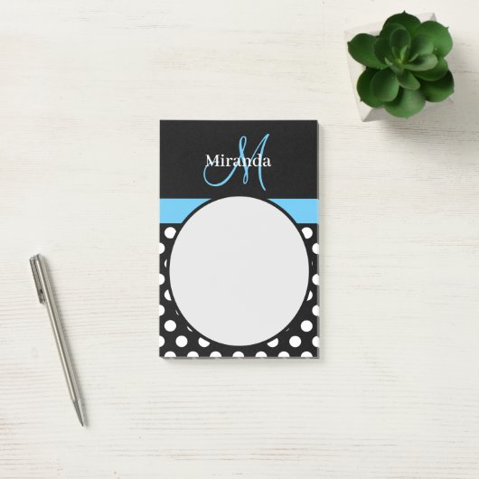 Blauwe monogram zwarte witte poladot post-it® notes (Kantoor)