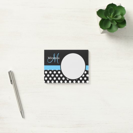 Blauwe monogram zwarte witte poladot post-it® notes (Kantoor)
