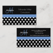Blauwe monogram zwarte witte poladot visitekaartje (Voorkant / Achterkant)