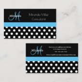 Blauwe monogram zwarte witte poladot visitekaartje (Voorkant / Achterkant)