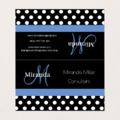 Blauwe monogram zwarte witte poladot visitekaartje (Buitenkant ongevouwen)