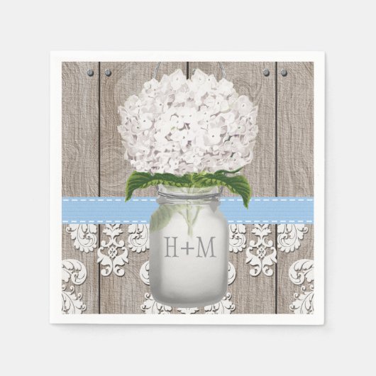 Blauwe Monogrammed Hydrangea Mason Jar Servet (Voorkant)