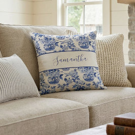 Blauwe monogramnaam Frans landelijk kussen
