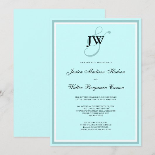 Blauwe Monogramuitnodiging Kaart (Voorkant / Achterkant)