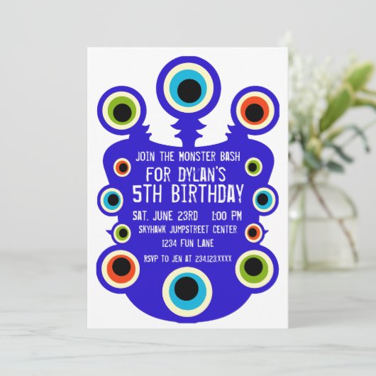 Blauwe Monster Eyes Birthday Party Invitations Kaart (Staand voorkant)