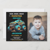 Blauwe Monster Truck Verjaardagsuitnodigingen Foto Kaart (Voorkant)