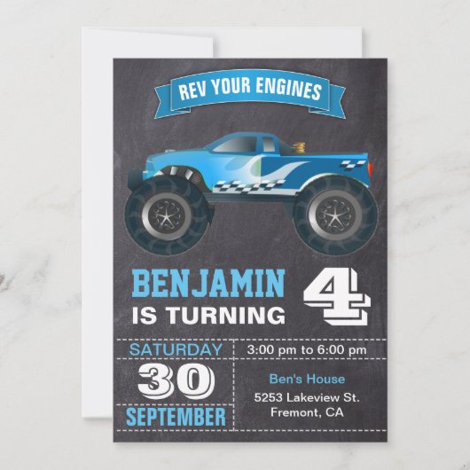 Blauwe monster van vrachtwagens - Birthday Party Kaart (Voorkant)