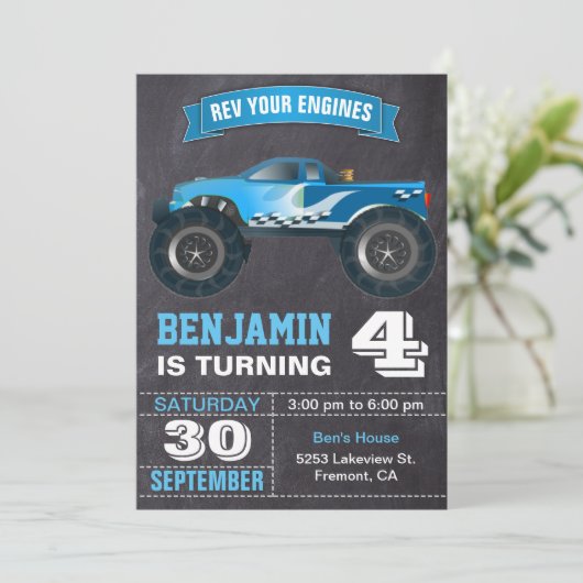 Blauwe monster van vrachtwagens - Birthday Party Kaart (Staand voorkant)