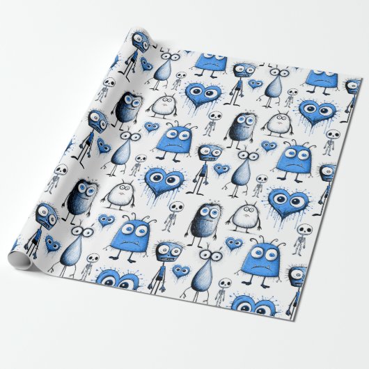 Blauwe monsters cadeaupapier (Uitgerold)