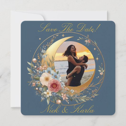 Blauwe Moonflower Bewaar de datum Foto Aankondigin Kaart (Voorkant)