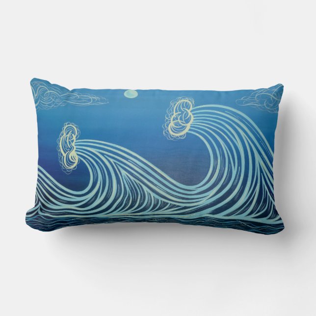 Blauwe Moonlight Waves Cotton Pillow Kussen (Voorkant)