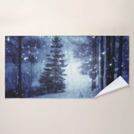 Blauwe Moonlit Magische Bos Winter Scène Bad Handdoek