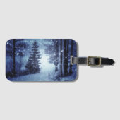 Blauwe Moonlit Magische Bos Winter Scène Bagagelabel (Voorkant (horizontaal))