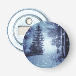 Blauwe Moonlit Magische Bos Winter Scène Button Flesopener