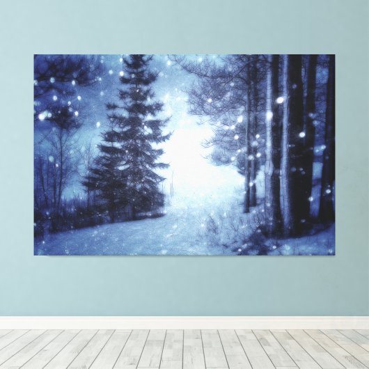 Blauwe Moonlit Magische Bos Winter Scène Canvas Afdruk (Insitu (Houten vloer))