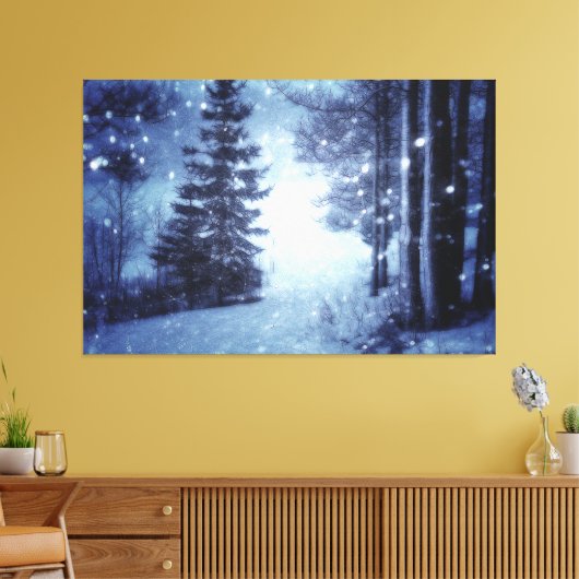 Blauwe Moonlit Magische Bos Winter Scène Canvas Afdruk (Insitu (Woonkamer))