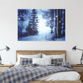 Blauwe Moonlit Magische Bos Winter Scène Canvas Afdruk