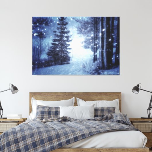 Blauwe Moonlit Magische Bos Winter Scène Canvas Afdruk (Insitu (Slaapkamer))
