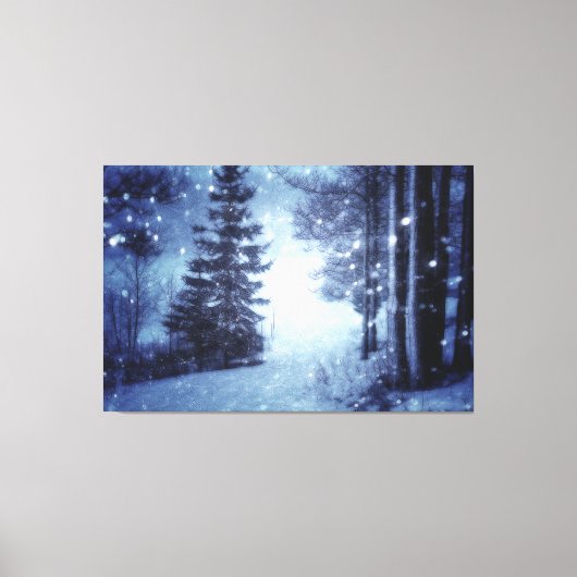 Blauwe Moonlit Magische Bos Winter Scène Canvas Afdruk (Voorkant)