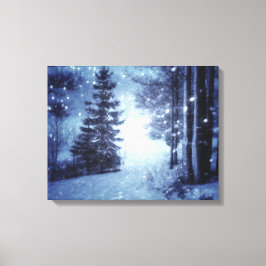 Blauwe Moonlit Magische Bos Winter Scène Canvas Afdruk
