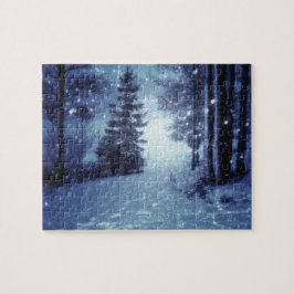 Blauwe Moonlit Magische Bos Winter Scène Legpuzzel