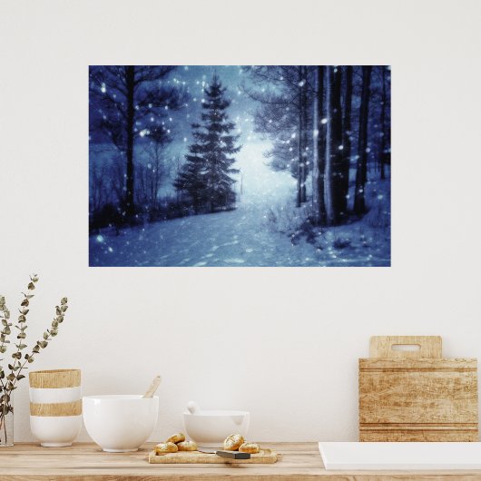 Blauwe Moonlit Magische Bos Winter Scène Poster (Keuken)