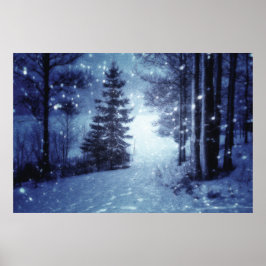 Blauwe Moonlit Magische Bos Winter Scène Poster