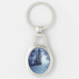 Blauwe Moonlit Magische Bos Winter Scène Sleutelhanger