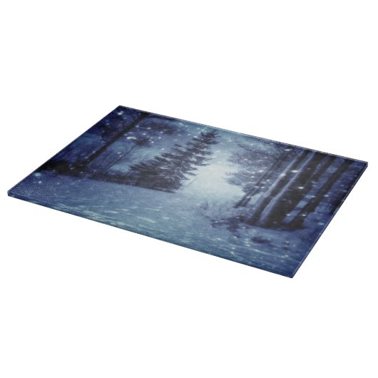 Blauwe Moonlit Magische Bos Winter Scène Snijplank (Hoek)